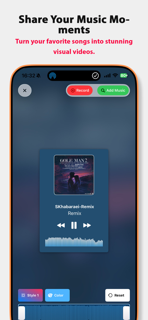 Screenshot of Music IR app showing the music visualizer tool for creating and sharing video content from songs