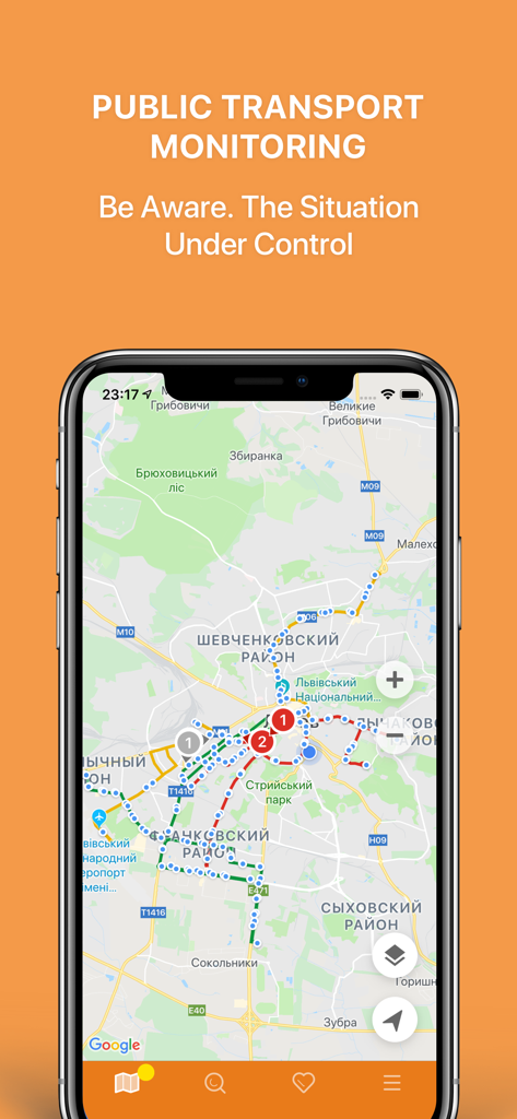 Public Transport Lviv - A smartphone displaying a real-time public transport monitoring map for the city of Lviv.