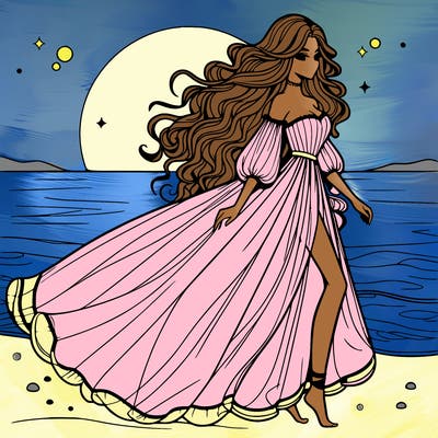 beautiful woman with a vaporous long dress walking on the beach at the noon, detailed art