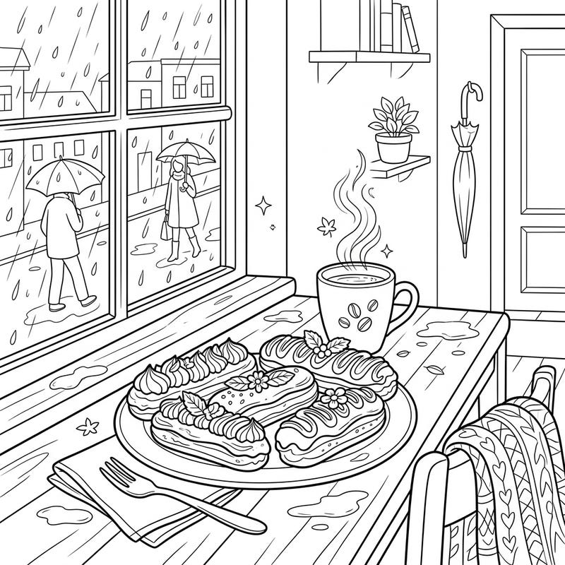 Snuggle up indoors with our delightful Eclairs on a Rainy Day coloring page, perfect for a relaxing afternoon. Capture the warmth of sweet treats and a comforting ambiance as you bring this charming scene to life.