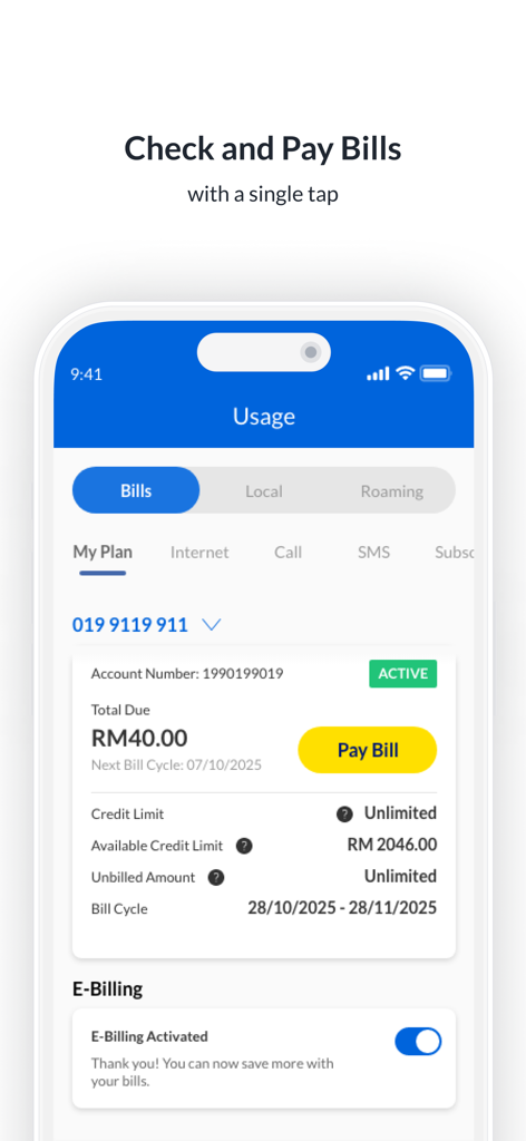 Celcom Life mobile app interface showing the billing and usage screen with a pay bill button