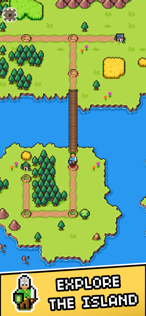 Island Empire: Build & Conquer - Juego de Island Empire que muestra la exploración de islas con arte de píxeles con un personaje y un puente