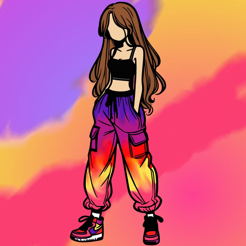 girl in baggy pants crop top and long hair