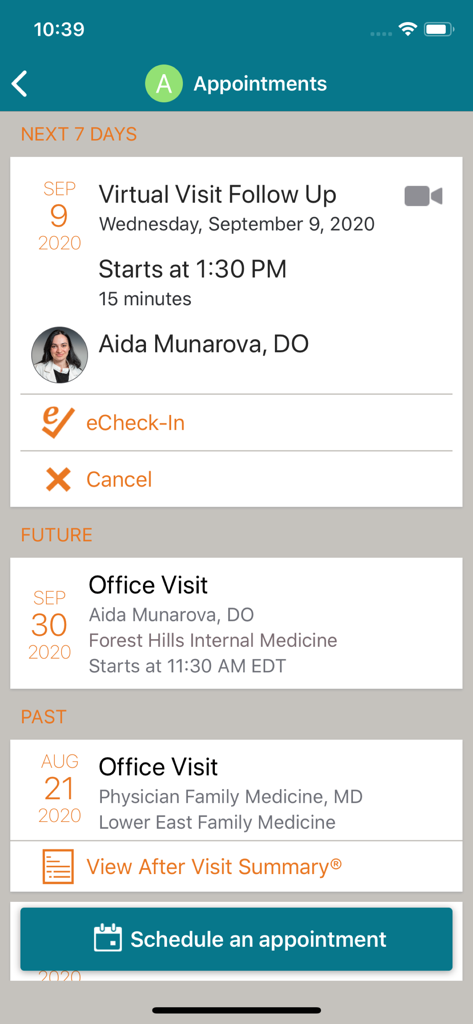 myACPNY - Appointments screen of the myACPNY app showing past and future medical visits with a button to schedule new ones