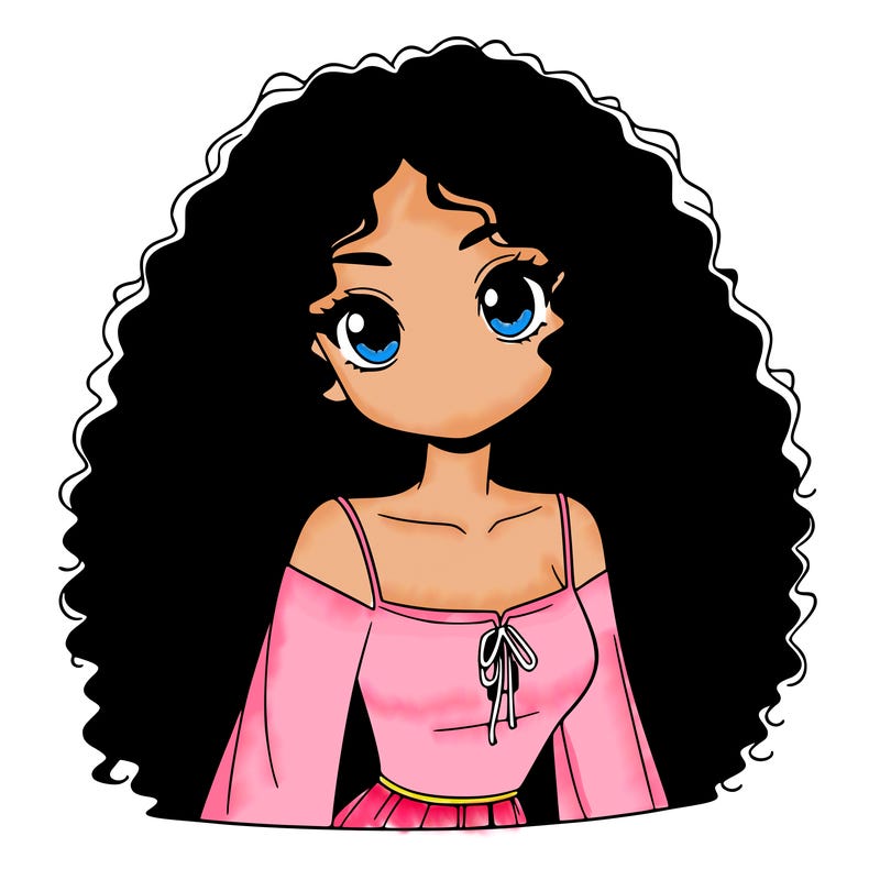 a black anime girl with long afro hair