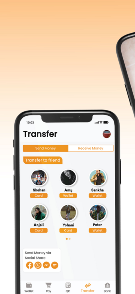Sampath Wepay app interface showing money transfer options to contacts and social sharing.