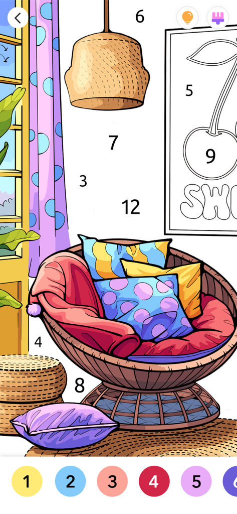 Screenshot of Paint.ly app showing a cozy room illustration with numbers for coloring