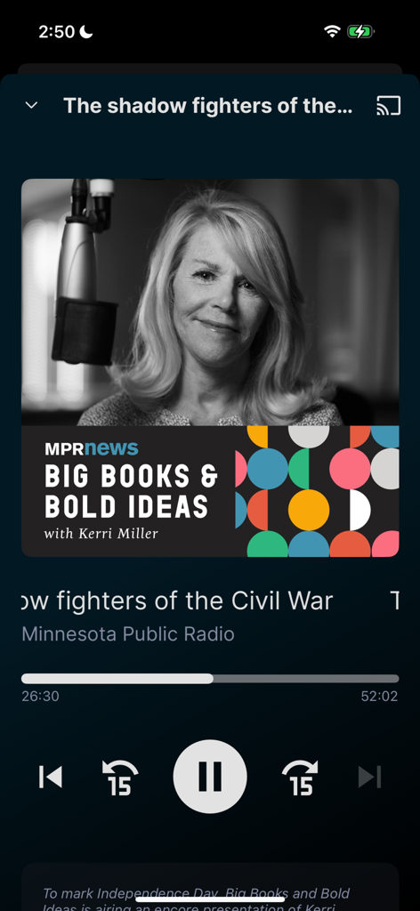 Interfaz del reproductor de audio para el podcast Big Books and Bold Ideas en la aplicación MPR News.
