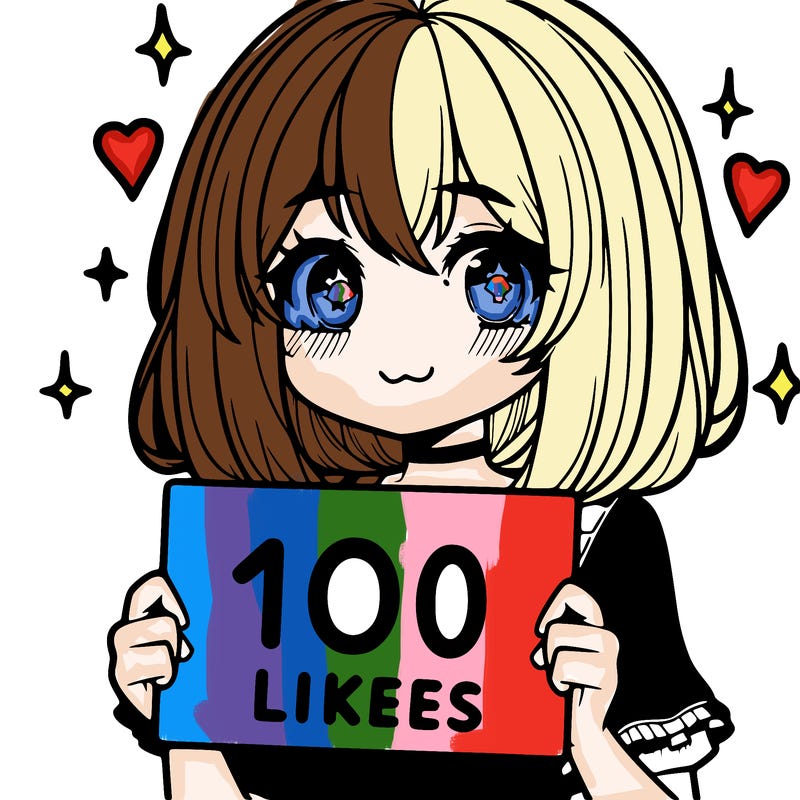 anima girl holding a 100 likes sign in her hand