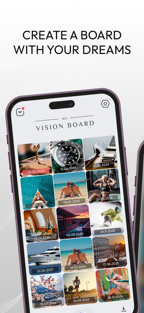 Interface of the Vision Board app displaying a grid of dream lifestyle photos with dates.