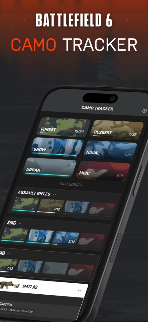 BF6  Meta - Battlefield 6 Meta App-Oberfläche zeigt den Camo-Tracker-Bildschirm mit dem Fortschritt bei Waffen-Tarnungskategorien