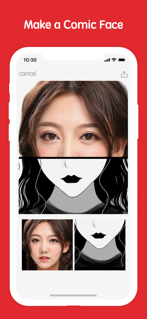 Erase&Change Video Background - Interfaz de smartphone que muestra una vista de pantalla dividida de una cara de persona real que se transforma en una ilustración de estilo cómic en blanco y negro.