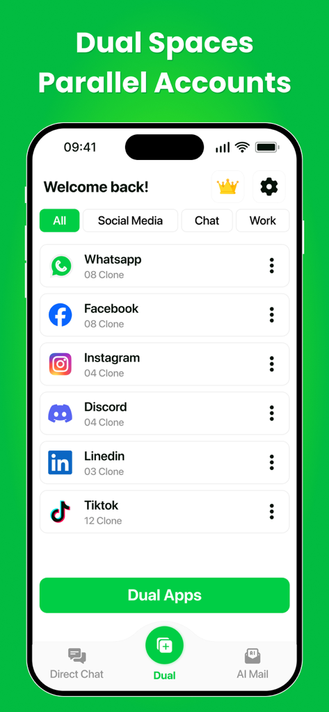 Interface of the Dual Accounts and Parallel Space app displaying a list of cloned social media and messaging accounts like WhatsApp and Facebook.