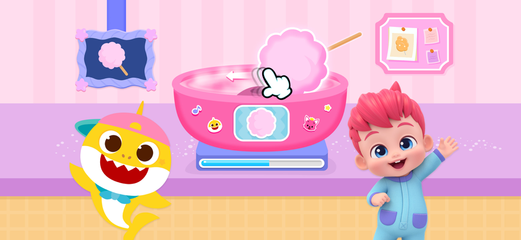 Baby Shark and Bebefinn making pink cotton candy in a virtual amusement park