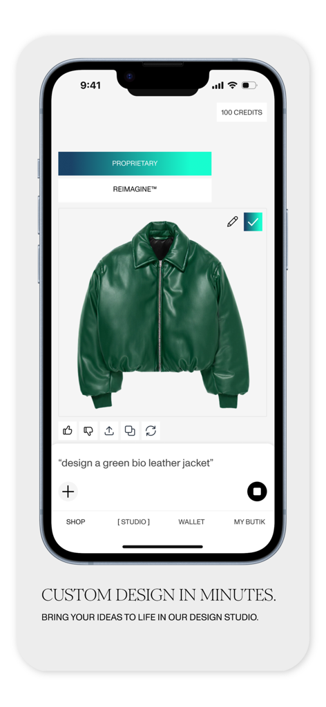 Sparkit World - A mobile app interface showing a custom green bio leather jacket designed using AI text prompts
