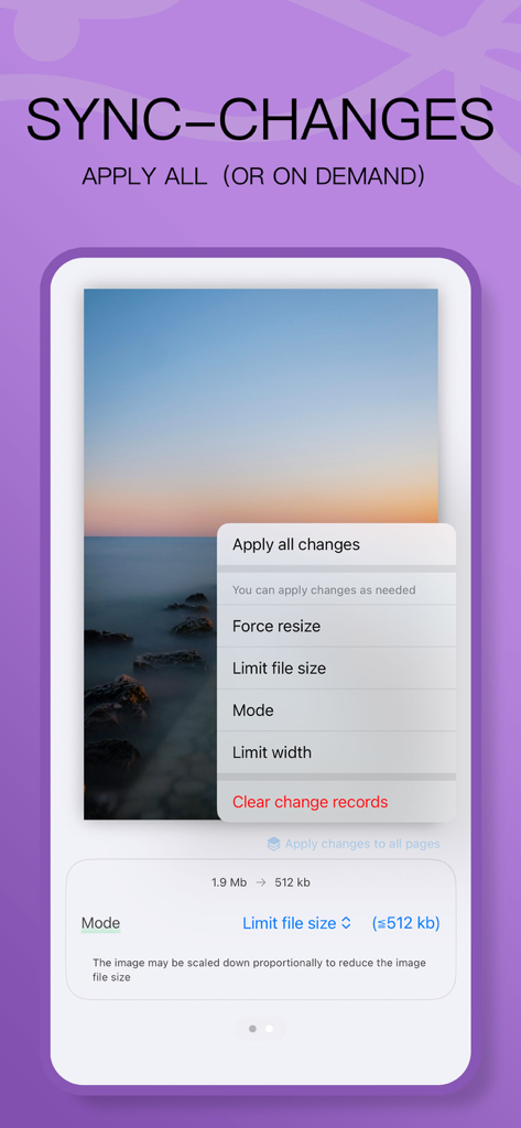 PicTool app interface showing batch image resizing and file size optimization features