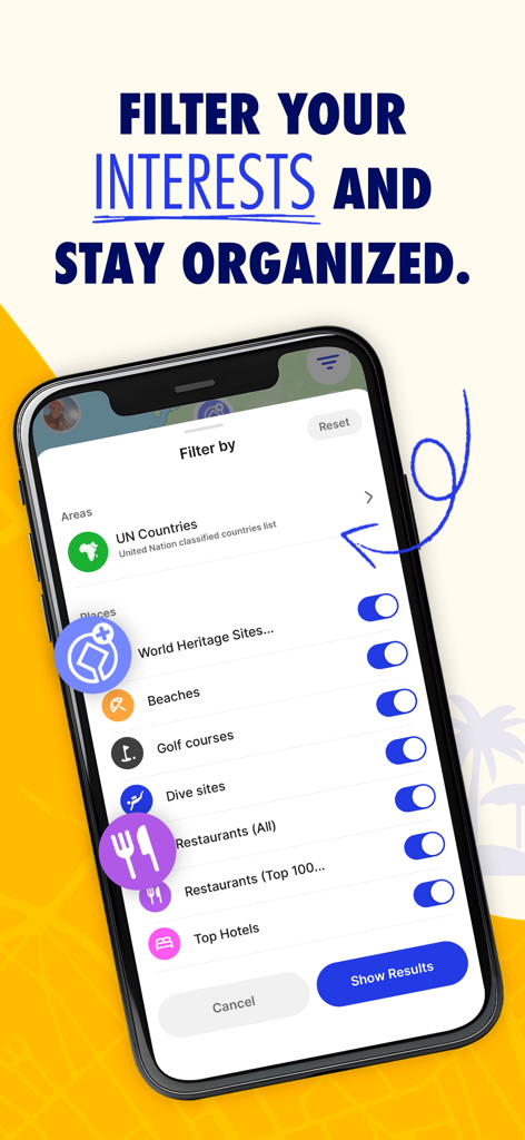 MTP: Most Traveled People - Pantalla de la aplicación MTP que muestra filtros para países de la ONU, sitios del Patrimonio Mundial y otros intereses de viaje.