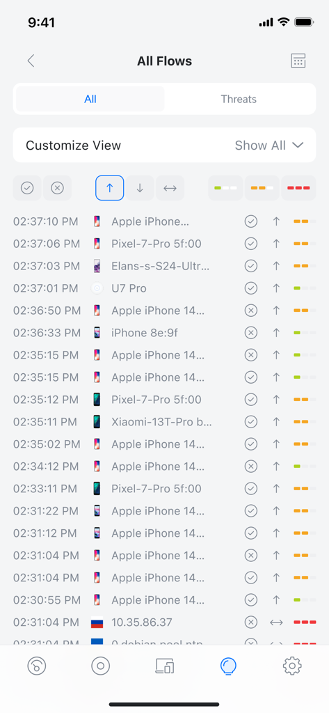 UniFi app real-time network traffic logs and client device flows monitoring