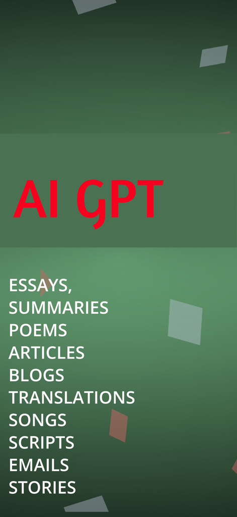 AI GPT app interface showing a list of supported writing tasks like essays poems and emails