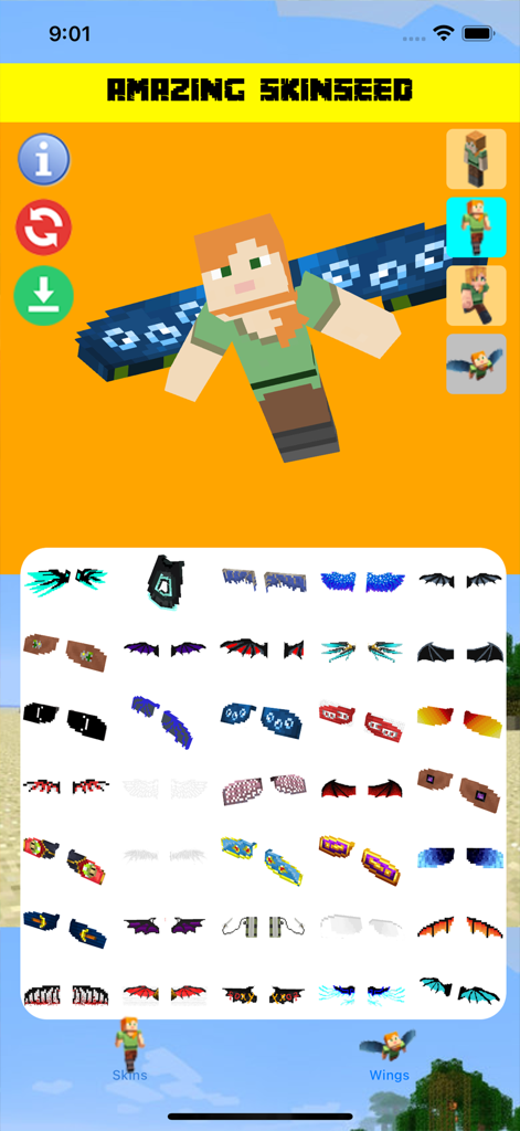 Aesthetic Skins for Minecraft - Minecraft character preview with custom blue wings and a catalog of different wing designs