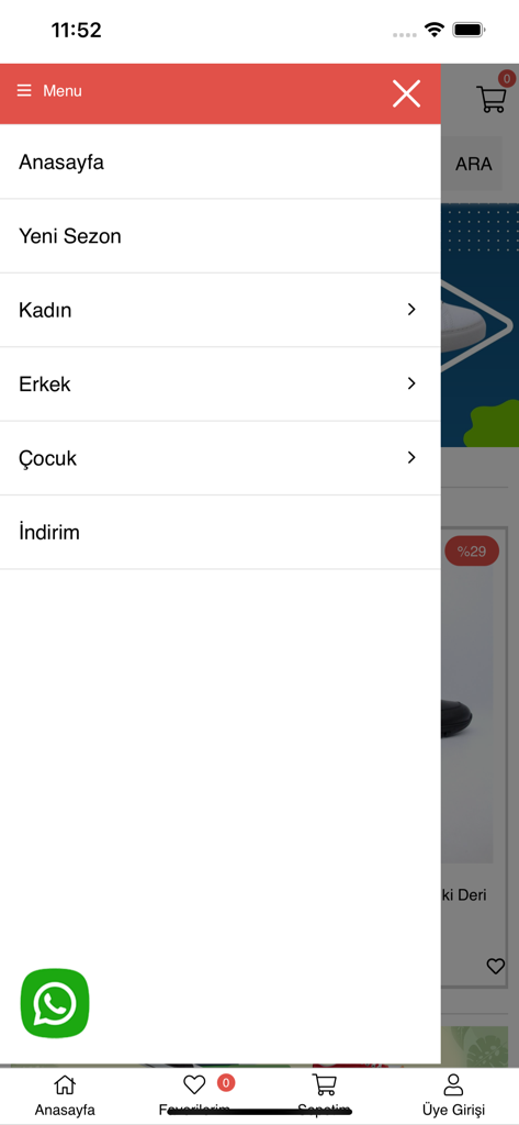 Yalın Ayak - Side navigation menu of the Yalin Ayak shopping app displaying product categories and a WhatsApp contact button.