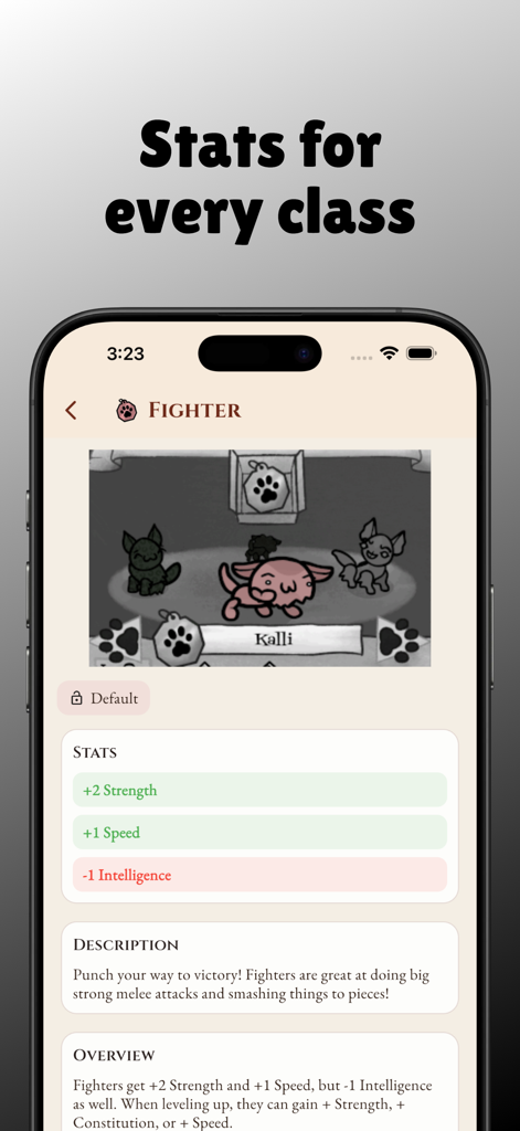 Guide for Mewgenics - 파이터 캐릭터 클래스의 통계 및 설명을 보여주는 뮤제닉스 가이드 앱의 모바일 화면