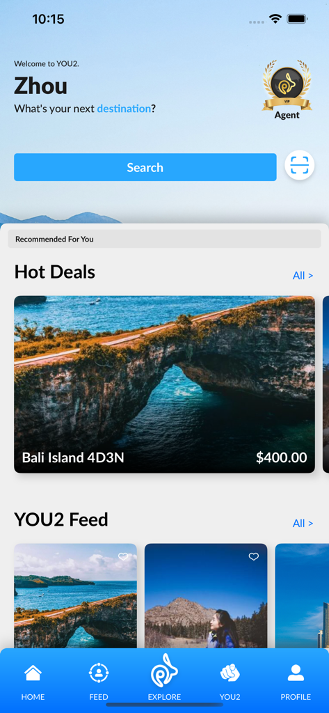 YOU2 - Startbildschirm der YOU2 Reise-App mit Suchfunktionen und einem Bali-Tourangebot