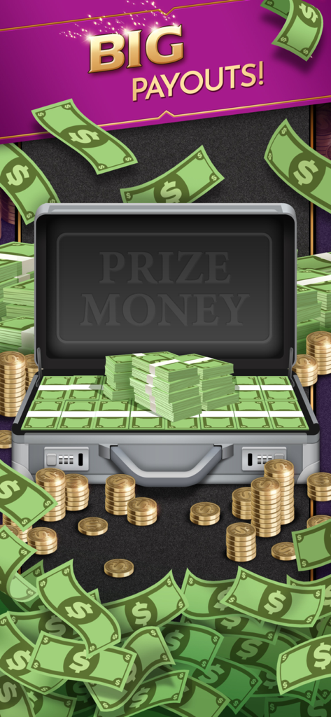 21 Blitz: Real Money Blackjack - An open briefcase filled with stacks of dollar bills and gold coins under the text Big Payouts