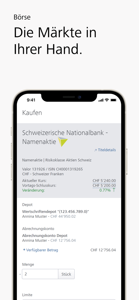Interfaz de la aplicación móvil Raiffeisen E-Banking que muestra operaciones bursátiles y opciones de compra de acciones.