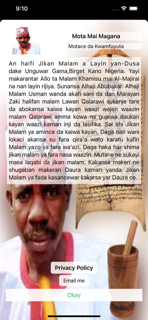 Jikan Malam Wa'azin Turmi - Biography page of Jikan Malam showing his portrait and life history in Hausa language.