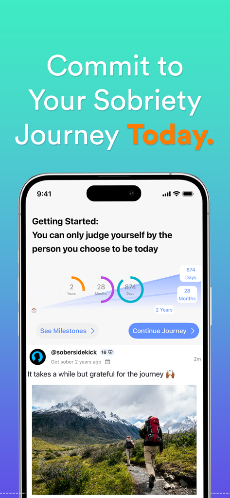 Sober SideKick: Quit Addiction - Sober Sidekick app dashboard showing a sobriety tracker with day counters and community recovery stories