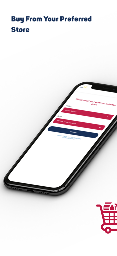 Pantalla móvil de la aplicación TM PnP para seleccionar una tienda de recogida de comestibles en Harare, Zimbabue