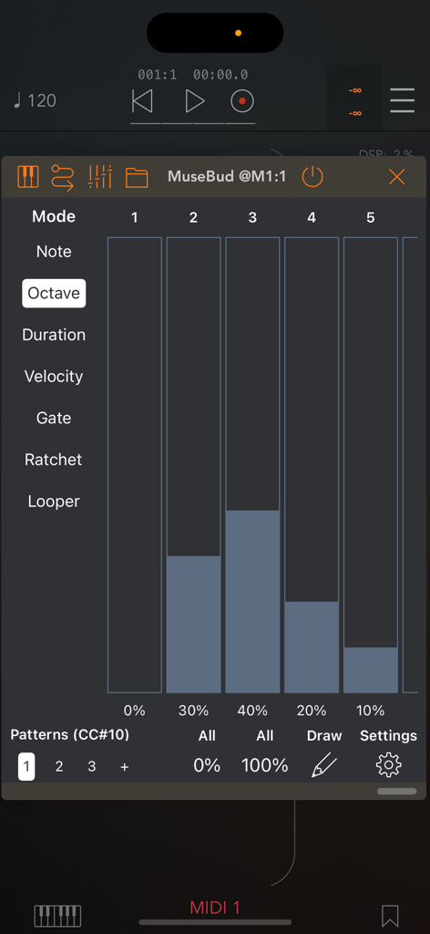 MuseBud - AUv3 MIDI Generator - MuseBud AUv3 MIDI generator interface with octave probability faders
