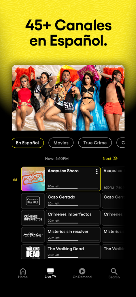 Pluto TVアプリのインターフェースに、スペイン語チャンネルのリストとライブTVガイドが表示されています。