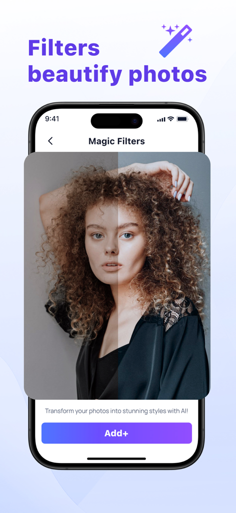 Photo Clean up:phone cleaner - Une interface d'application mobile montrant une comparaison avant/après d'un portrait de femme utilisant la fonction Filtres Magiques pour embellir les photos.