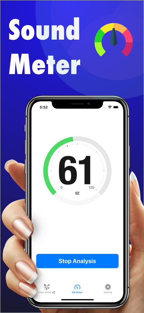 Water Remover - Clean Speaker - A hand holding an iPhone displaying a sound meter measuring frequency in Hertz with a gauge interface