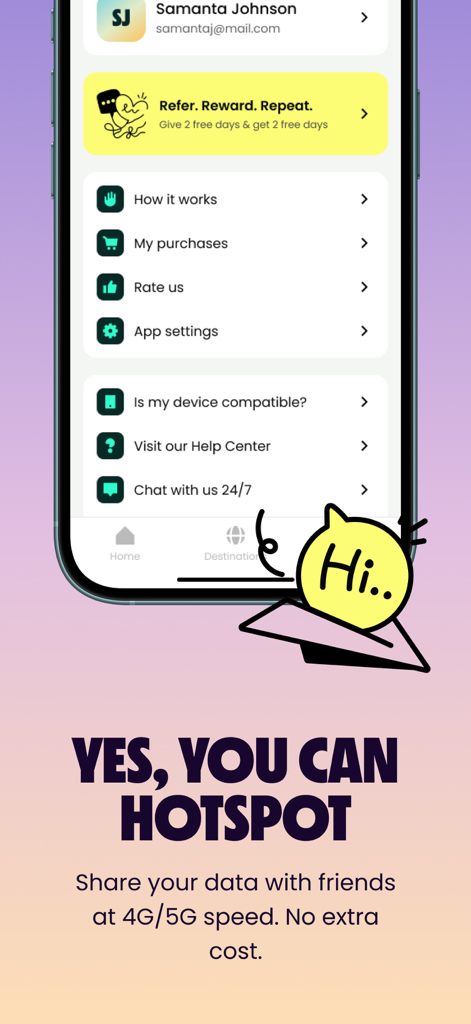 Truely・Travel eSIM & Data Plan - Screenshot of Truely app showing hotspot capabilities and customer support options for travelers.