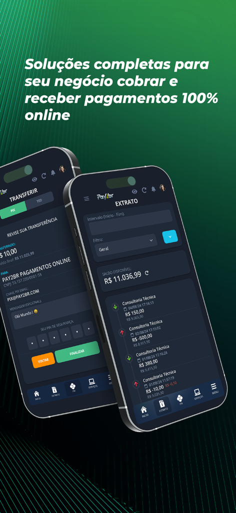 Pay2br - Dos smartphones mostrando la interfaz de la aplicación Pay2br para pagos empresariales y el historial de transacciones PIX