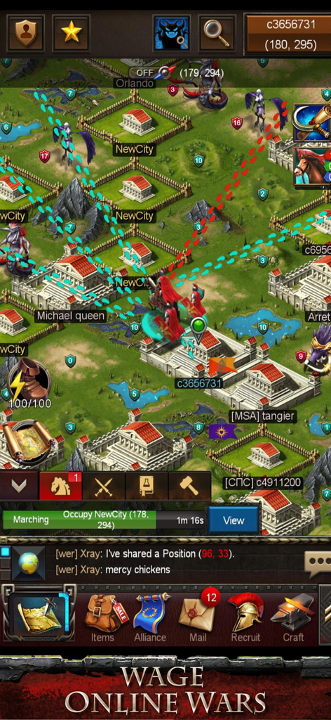 Empire War Age of Heroes world map showing city buildings and army movement paths