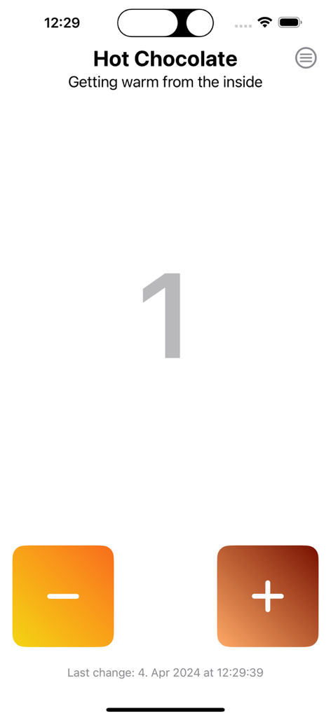 Counter - Tally Meister - Pantalla de contador único en la aplicación Tally Meister que muestra un conteo de chocolate caliente con botones de más y menos