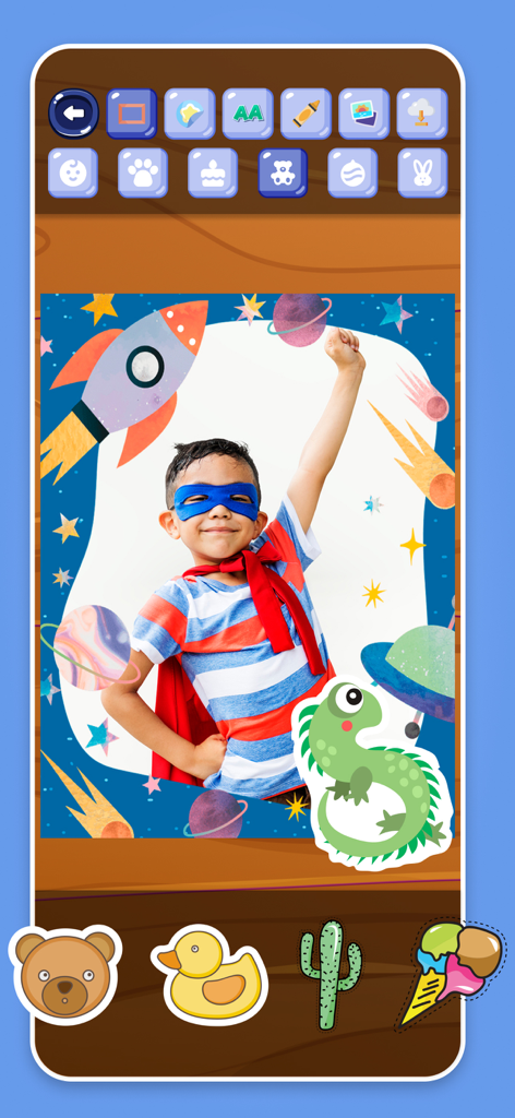 Children's Photo Frames - A boy in a superhero costume inside a space themed photo frame with cute stickers