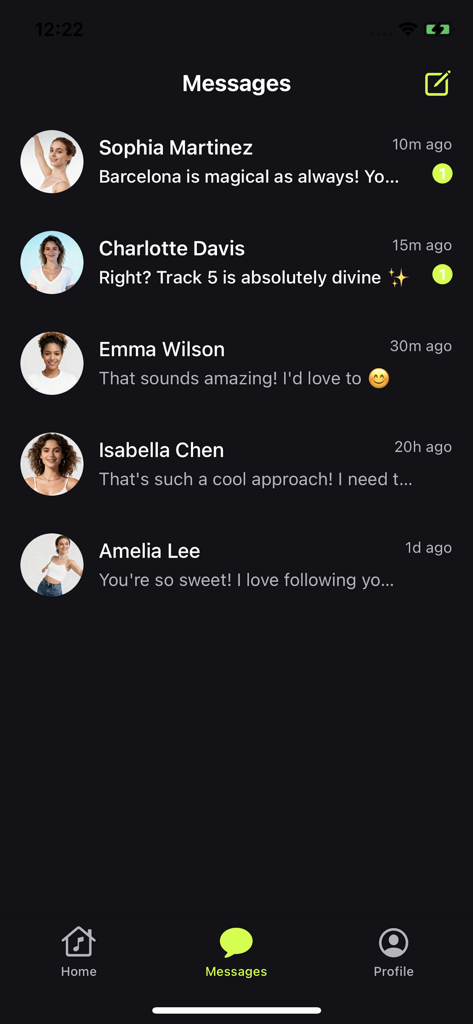 The messages tab of the Meetu dance community app displaying a list of recent chat conversations