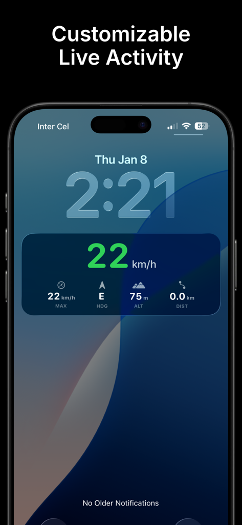 Speedra: GPS Speedometer - Un widget personalizable de Live Activity para Speedra en la pantalla de bloqueo de un iPhone que muestra la velocidad actual y datos de navegación