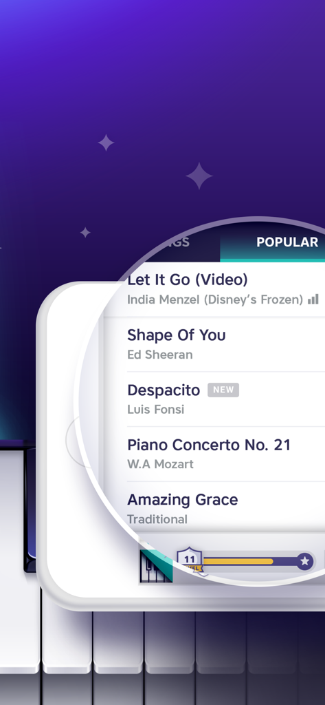 Popular song list in the Piano app by Yokee showing hits like Let It Go and Shape of You