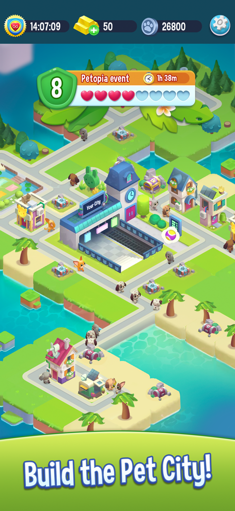 Pet Rescue Saga - Una colorida vista isométrica de la construcción de una ciudad para mascotas en Pet Rescue Saga