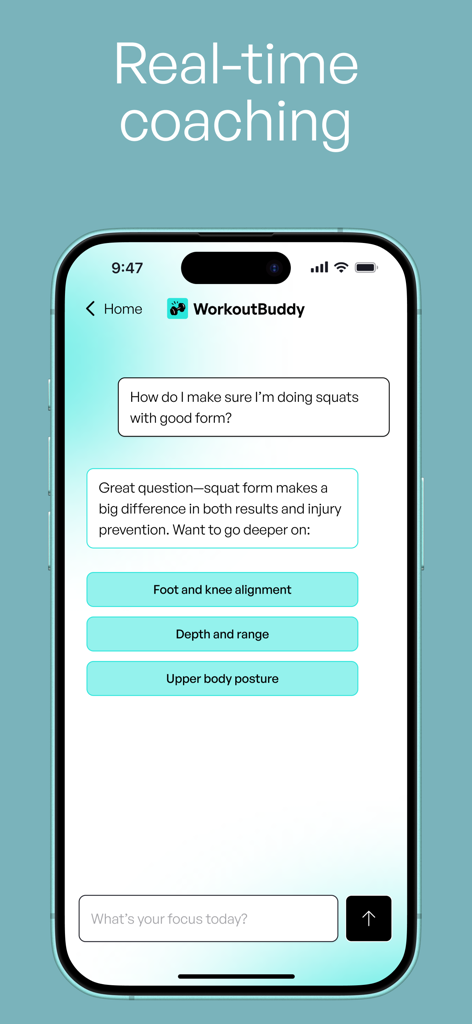 WorkoutBuddy: AI Fitness Coach - A screenshot of the WorkoutBuddy app showing a chat interface where an AI coach provides real-time advice on proper squat form.