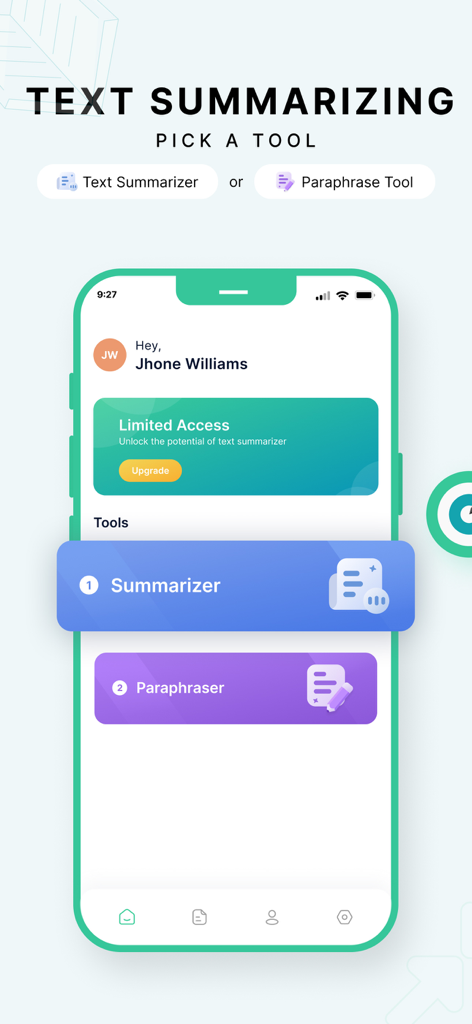 Text Summarizer - A tela inicial do aplicativo Sumarizador e Parafraseador de Texto exibindo a seleção de ferramentas para resumir e parafrasear