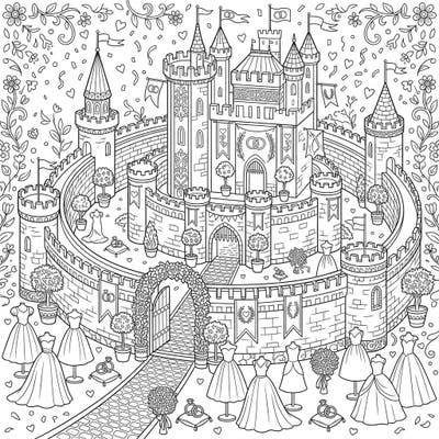 Embark on a magical coloring journey with this stunning concentric castle, lavishly decorated for a grand wedding celebration. Discover intricate details and romantic elements that promise hours of creative joy.