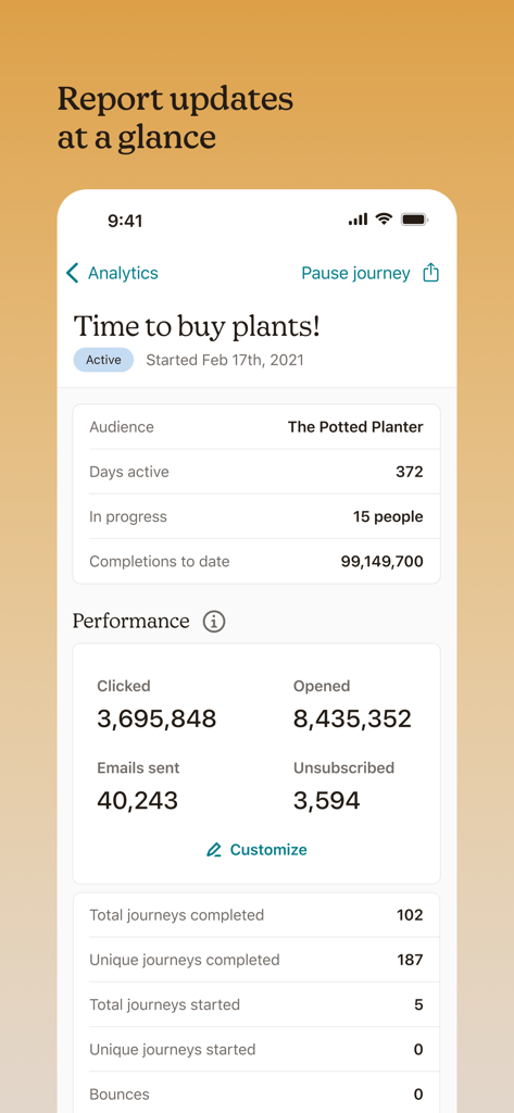 Pantalla de la app móvil de Mailchimp mostrando informes de rendimiento de campañas de correo electrónico, incluyendo clics y aperturas.