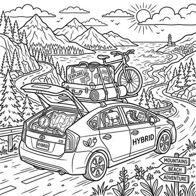 Hit the open road with this exciting coloring page featuring a hybrid car packed for an epic vacation. Discover a world of adventure, from winding mountain paths to sunny beaches, waiting for your creative touch.